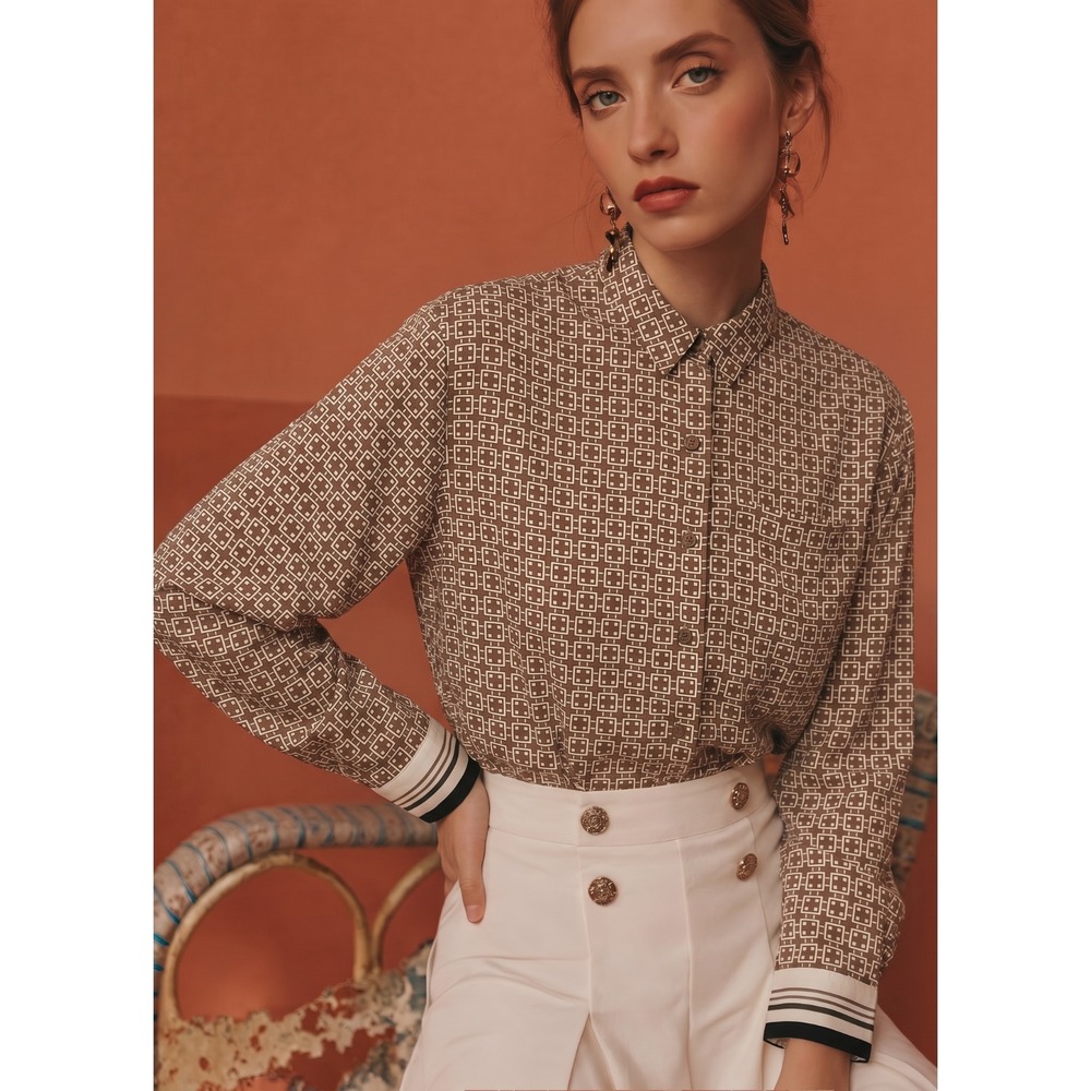 Abercrombie & Fitch Women's Retro Geo Print Button Front Long Sleeve Blouse XXS